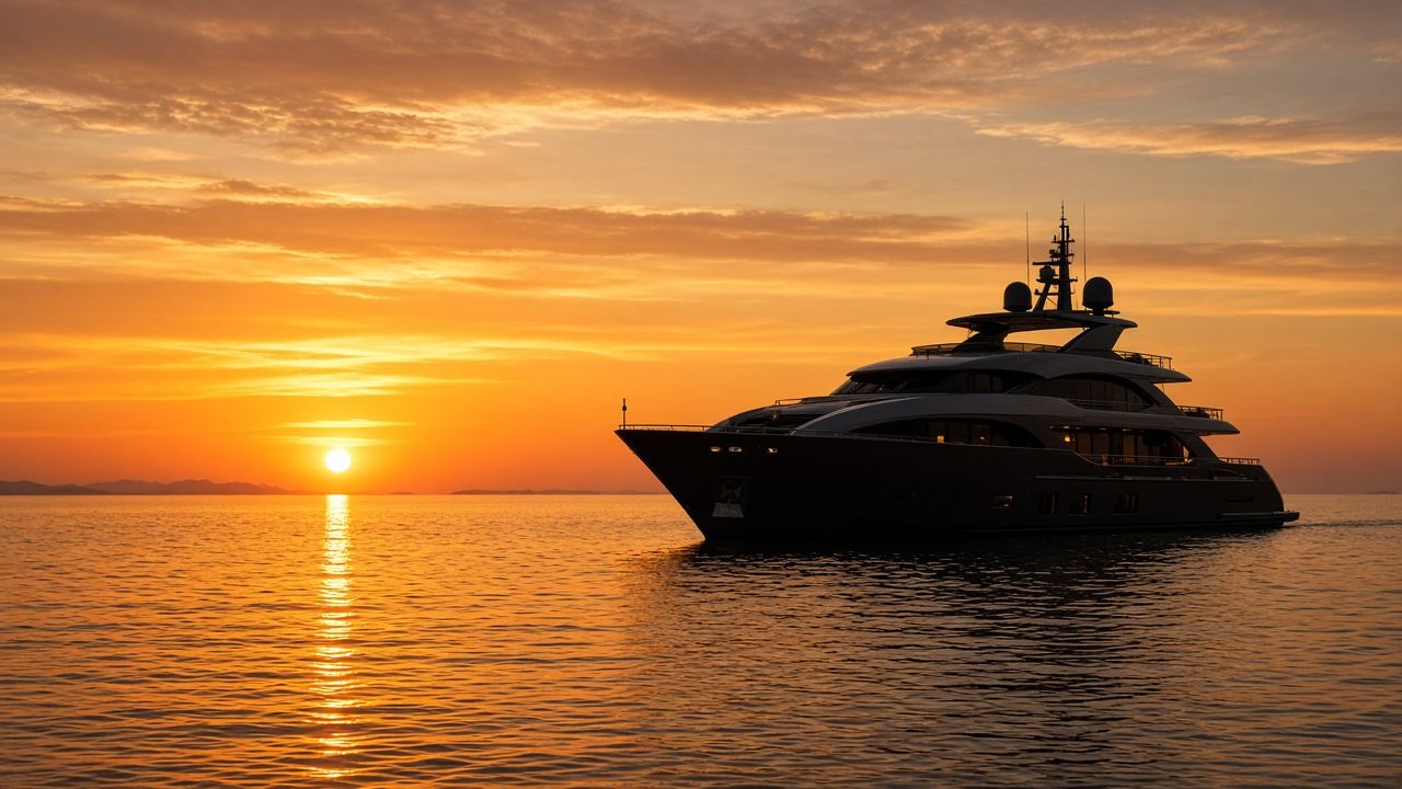 Yacht silhouetted against a golden sunset