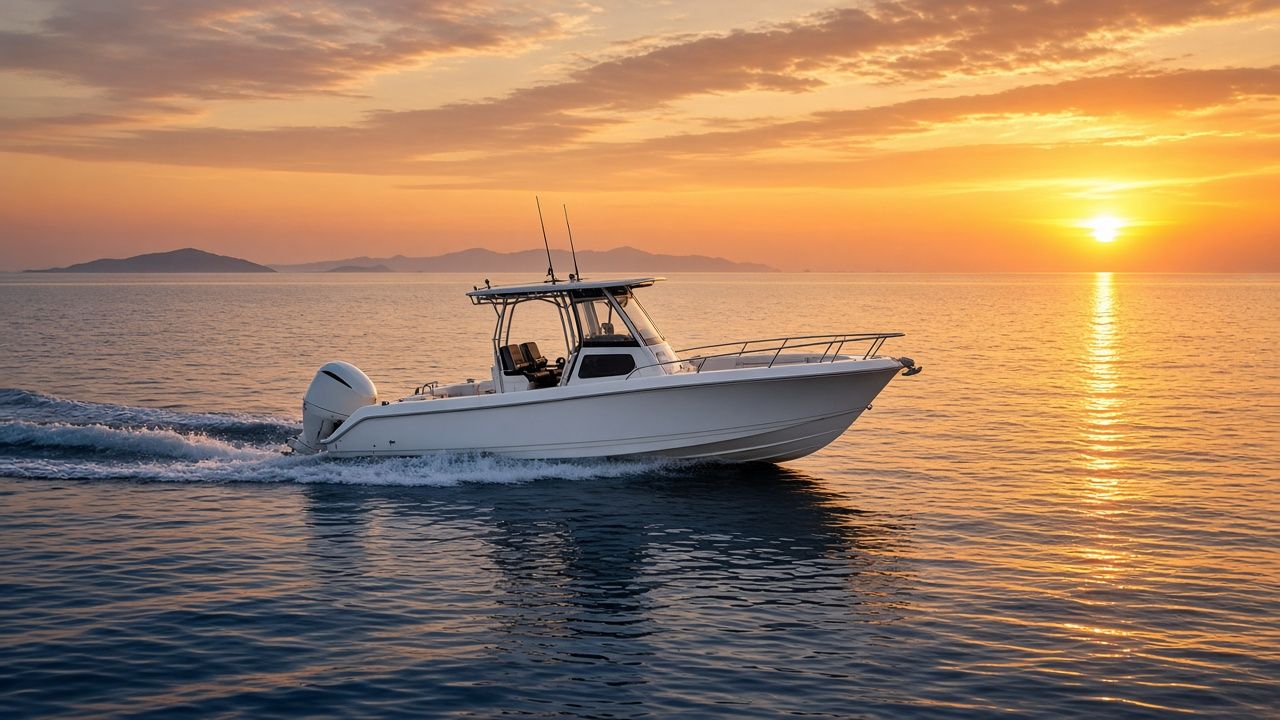 A white centre-console boat with a T-top cruising across a calm sea at sunset