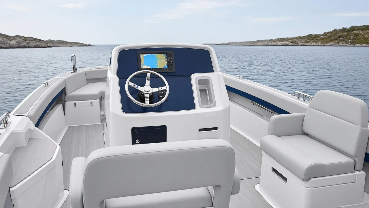 Day Cruiser cockpit with navy dash and grey upholstery