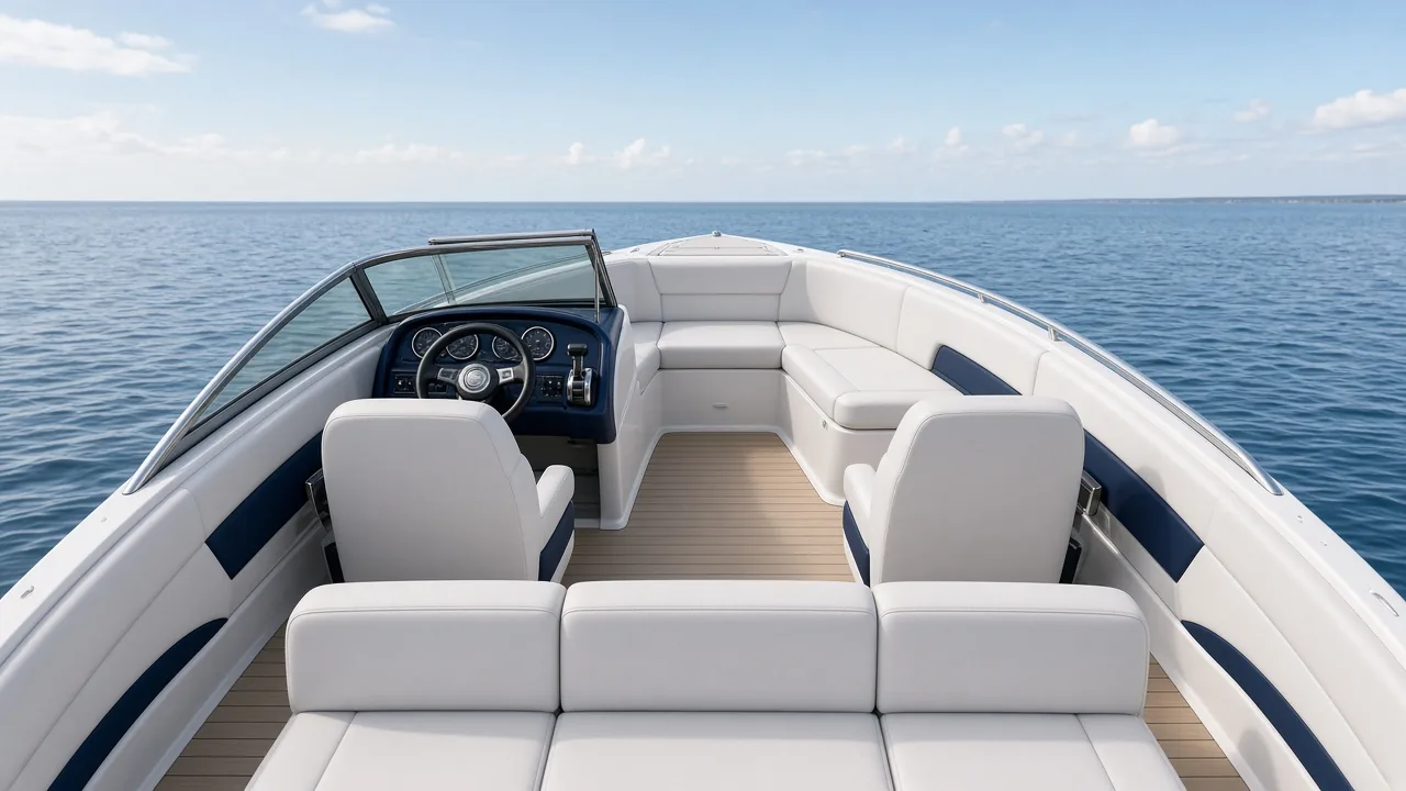 Family Cruiser cockpit with bench seating and bucket helm seats