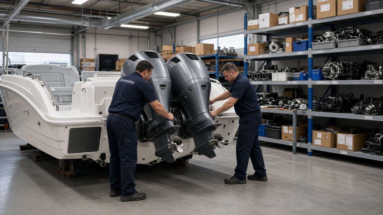 Technicians fitting outboard engines to a boat